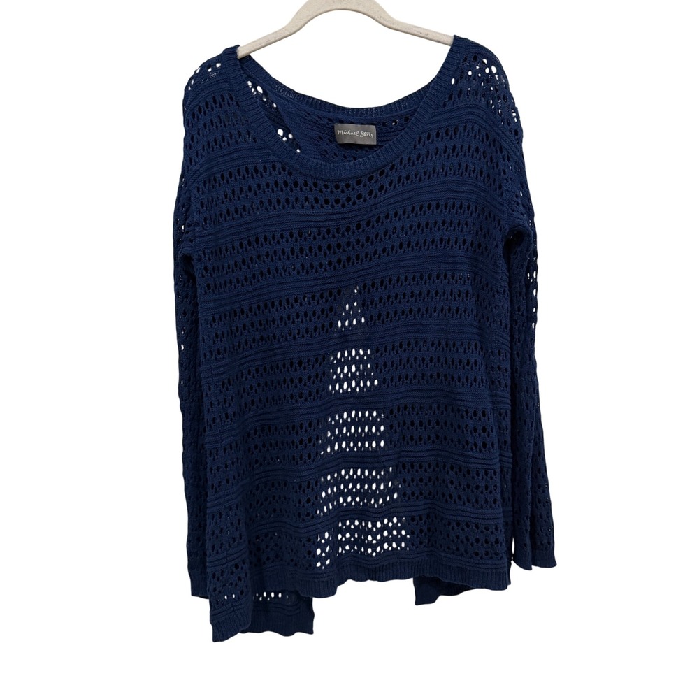 Michael Stars Navy Blue Open Knit Crochet Split Sweater Long Sleeve One Size